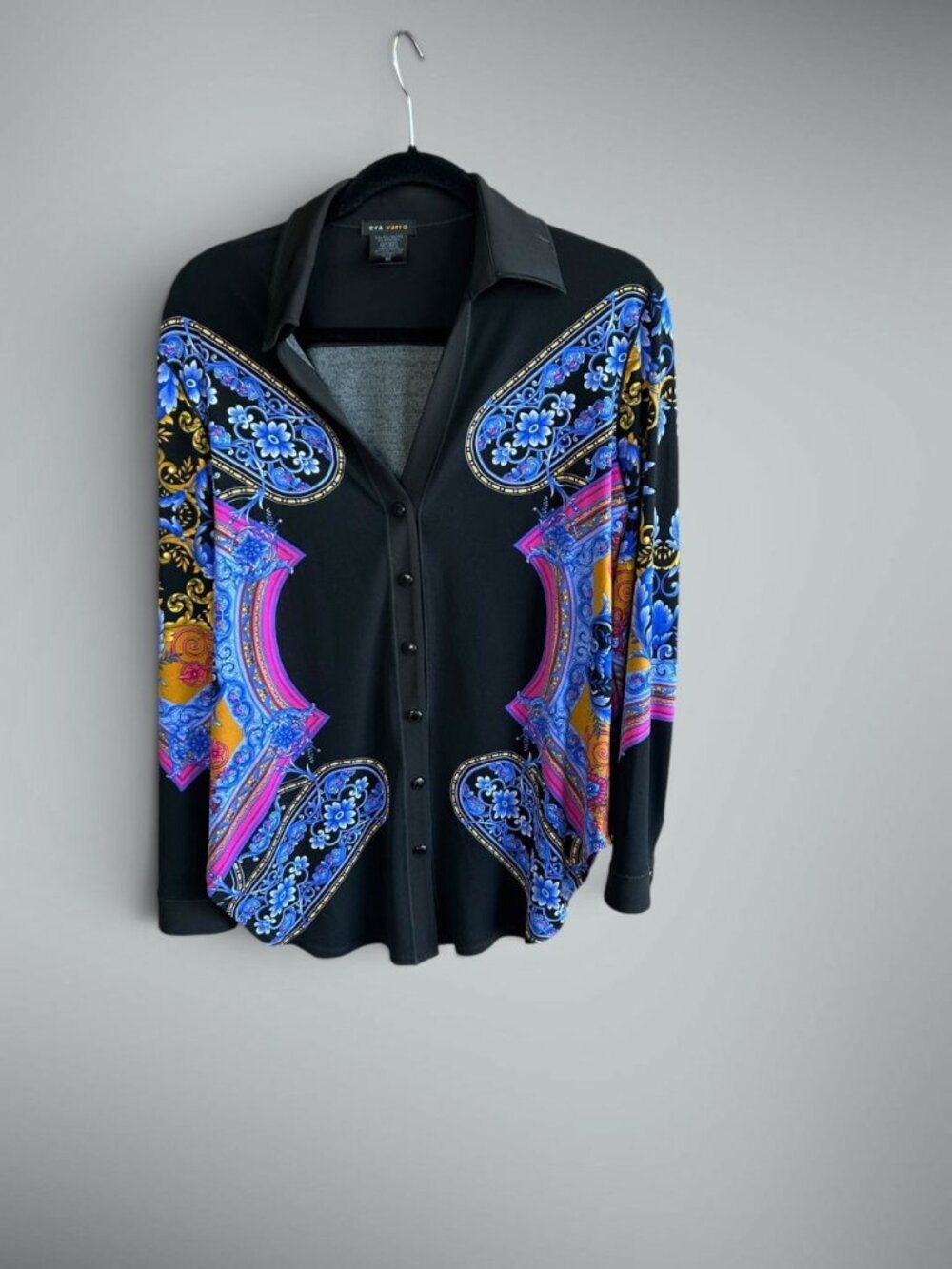 Eva Varro Black Knit Jersey Blouse Abstract Floral Insets Panels Size Medium
